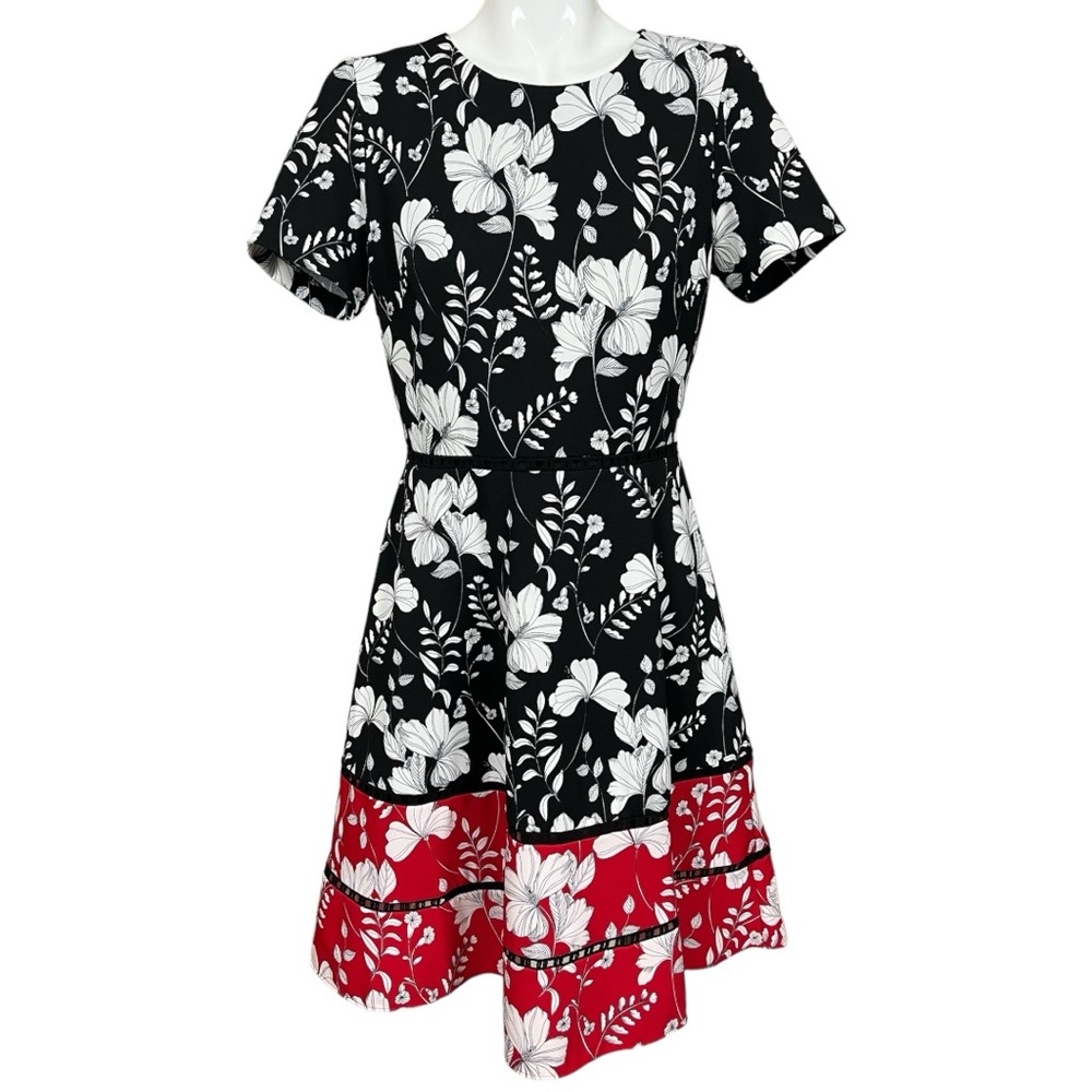 Taylor Neiman Marcus Black and Red Floral Print Fit and Flare Dress Size 10